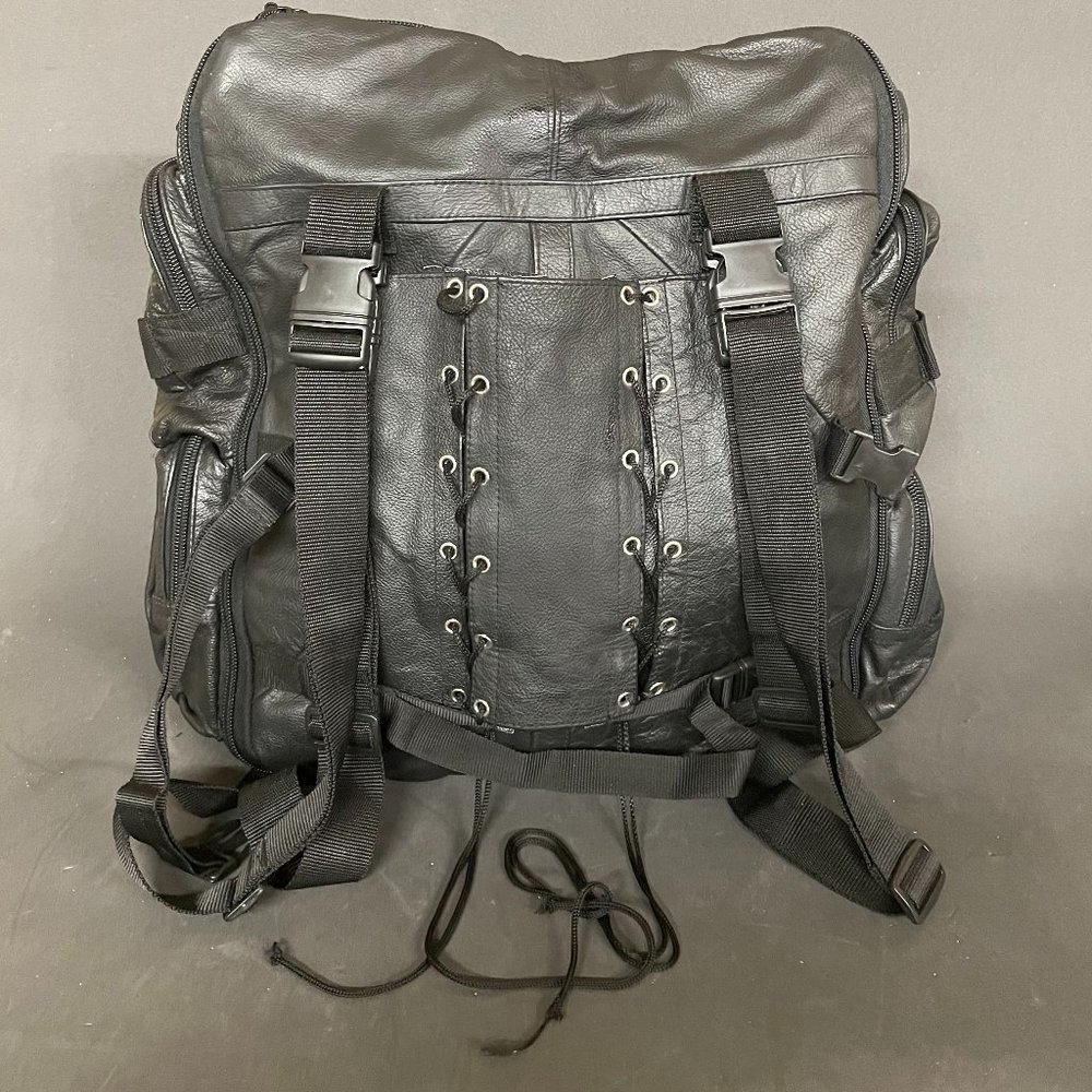 Heavy Duty Black Leather Motorcycle Backpack EUC
